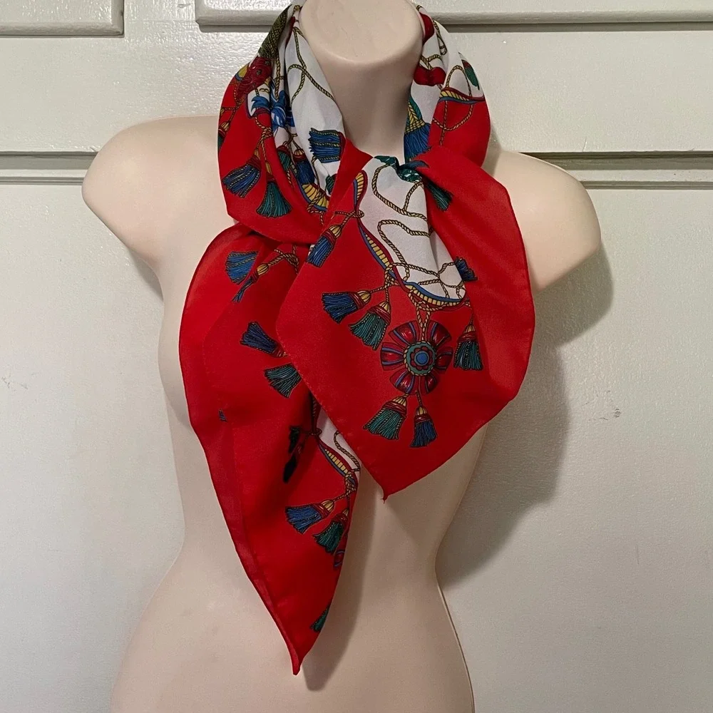 Berkshire Vintage Square Scarf Red White‎ Equestrian Tassel Made in Italy 31x31